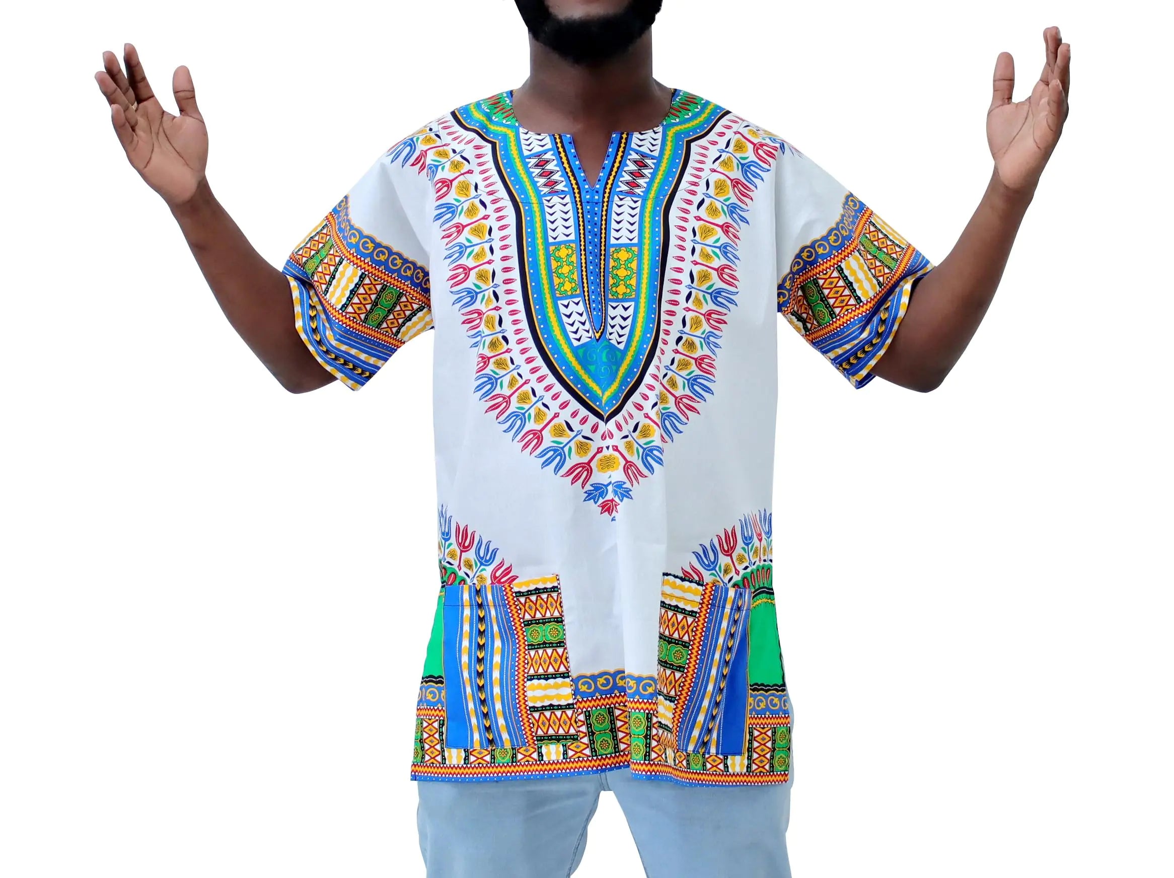 DAIKI Dashiki Cotton Shirt African Tribal Kaftan Boho Caftan Unisex XX-Large Dashiki - New White Dark Blue